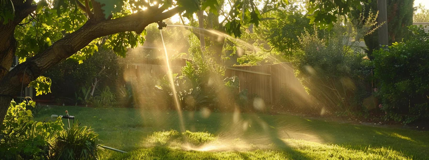 a lush green yard being irrigated with a sprinkler system under the bright sunlight.